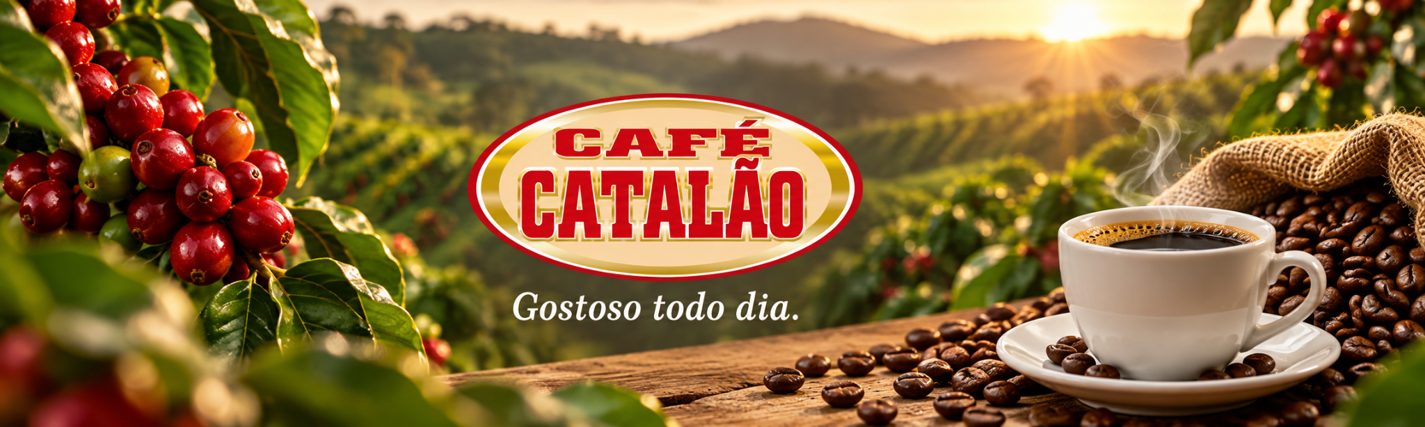 Café Catalão — Gostoso todo dia, com cafezal ao fundo e uma xícara de café